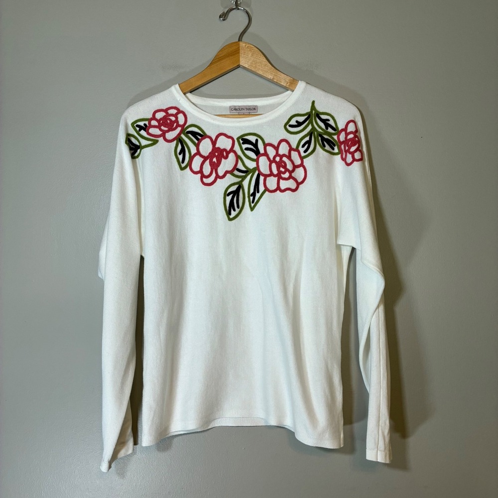 Carolyn Taylor White Floral Embroidered Knit Sweater Long Sleeve Crew Neck L